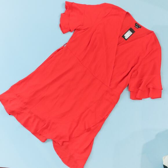 NEW City Chic Bright Red Wrap Front Ruffle Hem Dress Short Sleeve Size US 20 - Picture 2 of 9